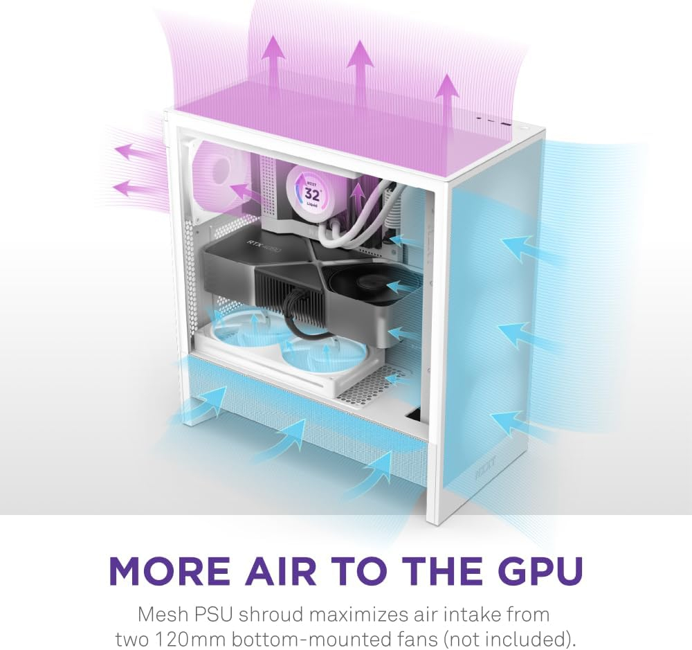 Gabinete ATX NZXT H5 FLOW 2024, Incluye 1 Fans 120mm Blanco, Radiador 280mm Max, Color Blanco