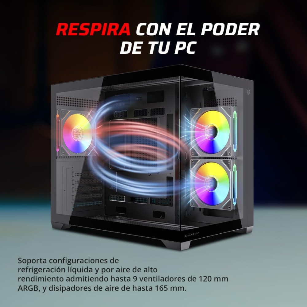 Gabinete Micro-ATX Balam Rush Tank Core Pro GI925, Incluye 3 Fans 120mm ARGB, Radiador 360mm Max, Color Negro