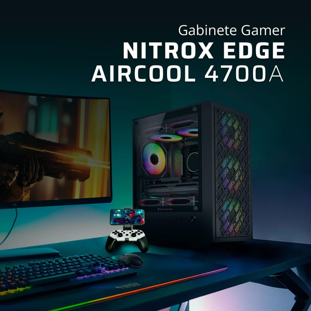 Gabinete Micro-ATX Balam Rush EDGE AIRCOOL 4700A, Incluye 4 Fans 120mm ARGB, Radiador 240mm Max, Color Negro