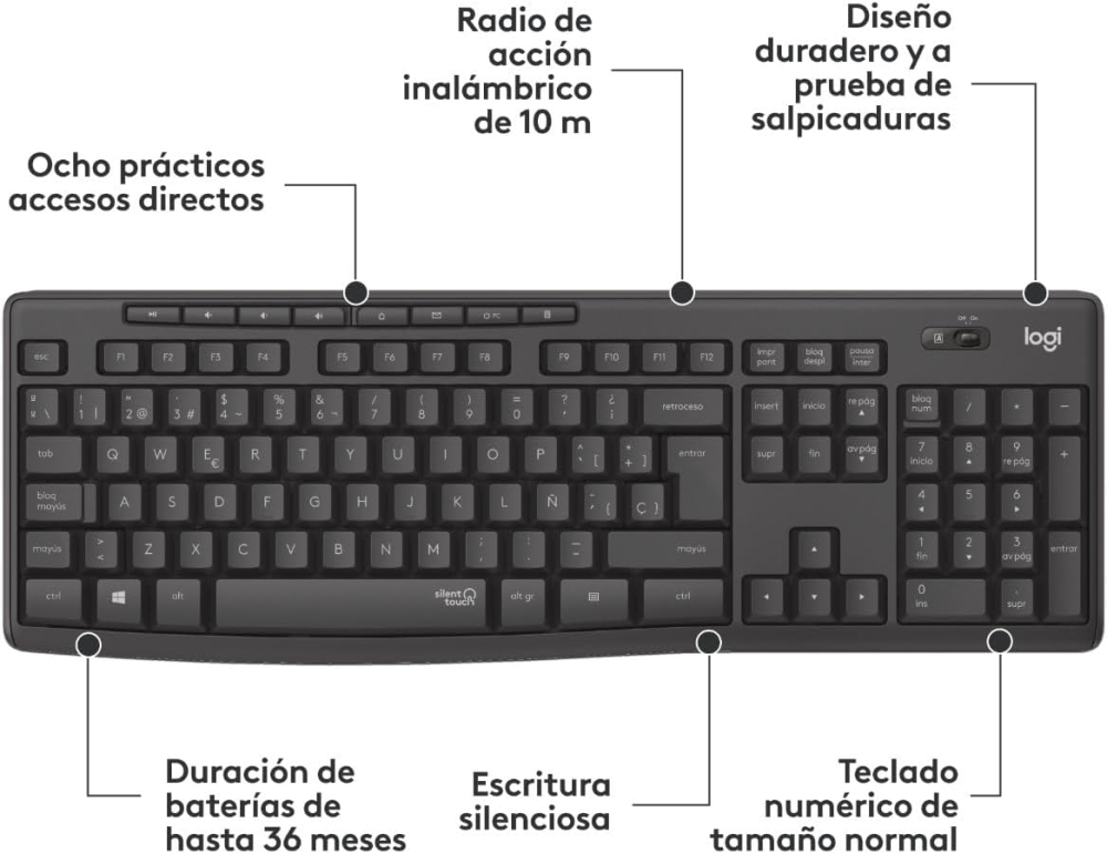 Kit de Teclado y Mouse Inalámbrico Logitech MK295 SILENT, RF, Color Negro, Español