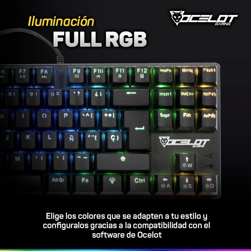 Teclado Gamer Ocelot Gaming OK-TKL2 RGB TKL, Teclado Mecánico, Switch Red, Alámbrico, Negro (Español)