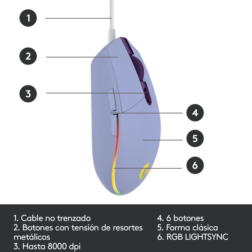 Mouse Gamer Logitech Óptico G203 LightSync, Alámbrico, USB, 8000DPI, Lila. 910-005852
