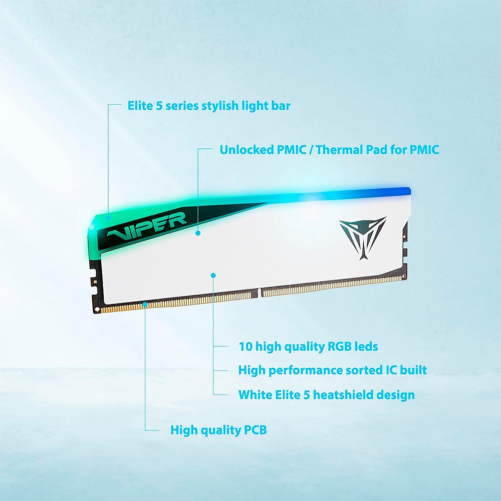 Memoria RAM DDR5 DIMM 32GB 5600MHz CL38 Patriot Viper Elite 5 RGB, Color Blanco. PVER532G56C38W