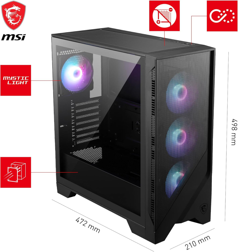 Gabinete ATX MSI MAG FORGE 321R AIRFLOW, Incluye 4 Ventiladores 120mm ARGB, Radiador 360mm Max, Color Negro