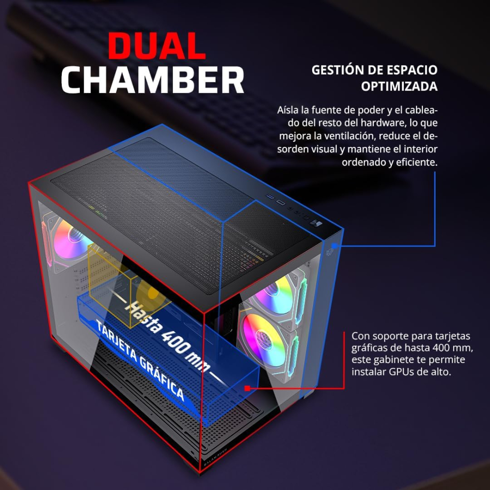Gabinete Micro-ATX Balam Rush Tank Core Pro GI925, Incluye 3 Fans 120mm ARGB, Radiador 360mm Max, Color Negro