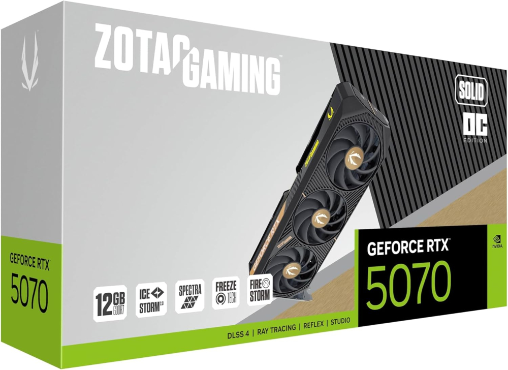 Tarjeta de Video NVIDIA RTX5070 OC Zotac SOLID, 12GB GDDR7, 3 DisplayPort + 1 HDMI, Min 650W