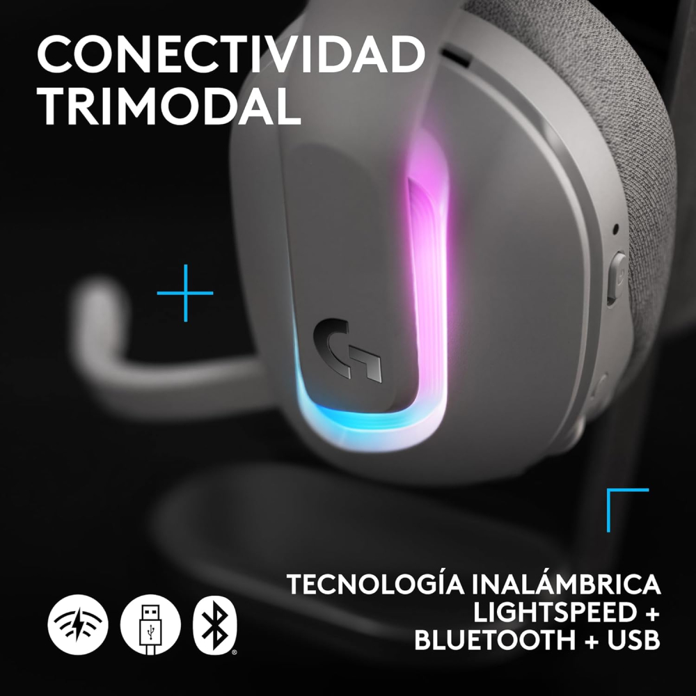 Diadema Inalámbrica Logitech G522 LIGHTSPEED, RGB, RF 2.4GHz y Bluethoot 5.3, Hasta 90Hrs de Batería, Color Blanco
