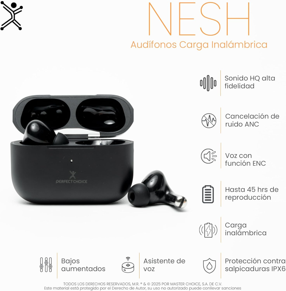 Audifonos Inalámbricos Perfect Choice Nesh, Bluethoot 5.3, Hasta 45Hrs de Bateria, Color Negro