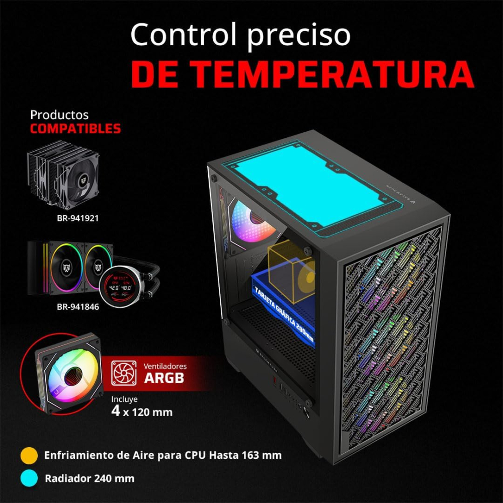Gabinete Micro-ATX Balam Rush EDGE AIRCOOL 4700A, Incluye 4 Fans 120mm ARGB, Radiador 240mm Max, Color Negro