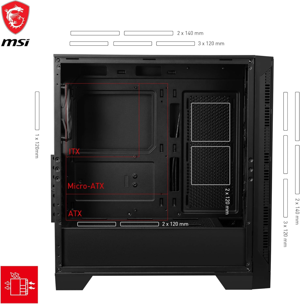 Gabinete ATX MSI MAG FORGE 321R AIRFLOW, Incluye 4 Ventiladores 120mm ARGB, Radiador 360mm Max, Color Negro
