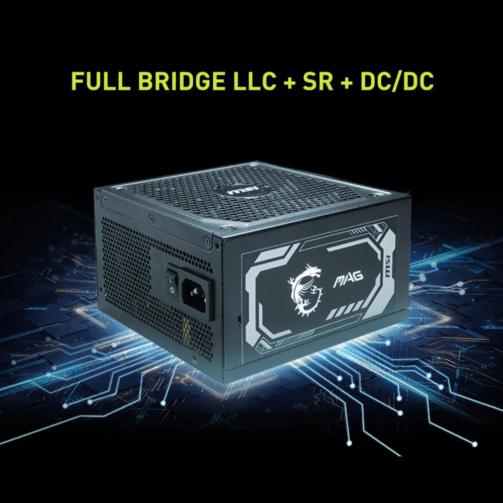 Fuente de Poder 1000W 80+Gold MSI MAG A1000GL PCIE5. 1x 24pin, 2x 8pin CPU, 4x 8pin PCIE, 1x 12VHPWR, Color Negro