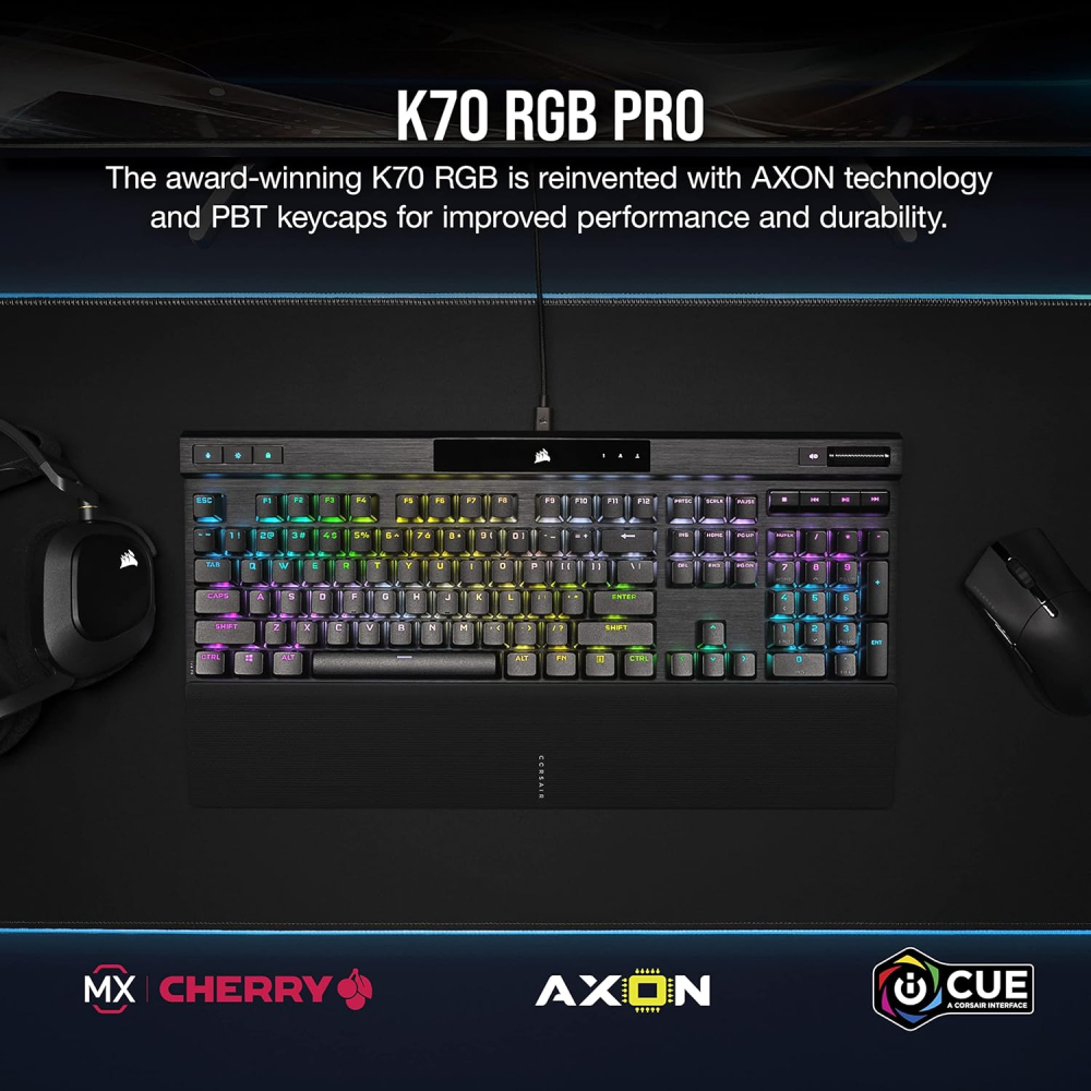 Teclado Alámbrico Mecanico Corsair K70 RGB PRO, Switches Cherry MX Red, Ingles, Color Negro