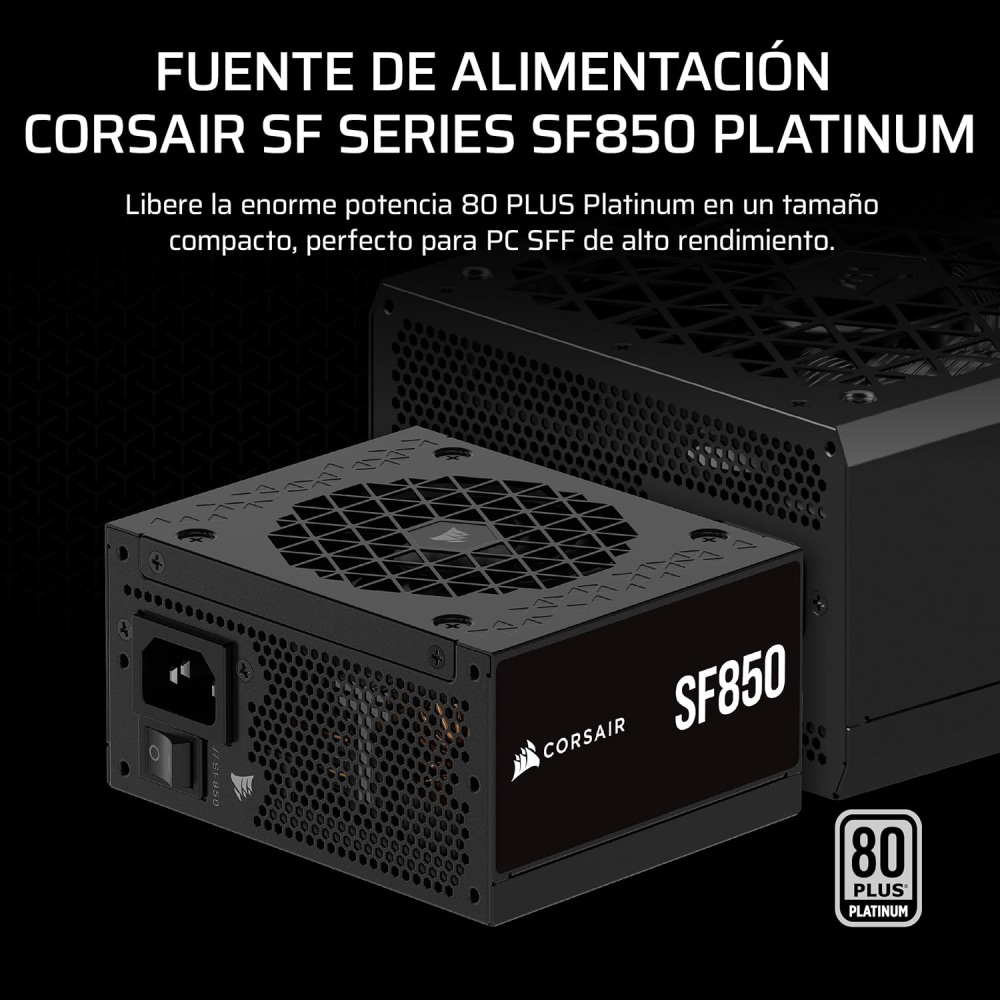 Fuente de Poder SFX 850W 80+ Platinum Corsair SF850. 1x 24pin, 2x 8pin CPU, 3x 8pin PCIE, 1x 12VHPWR, Color Negro