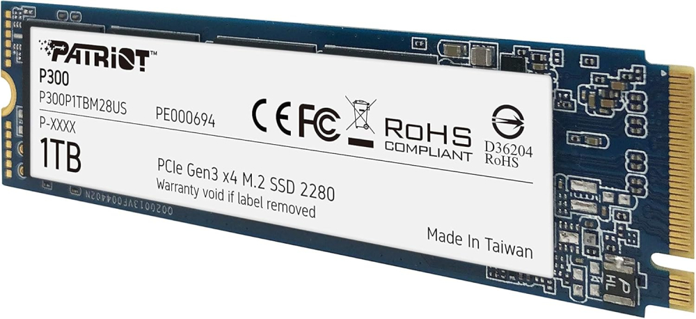 SSD M.2 NVMe PCIe 3 1TB Patriot P300, Lectura 2100MB/s Escritura 1650MB/s. P300P1TBM28