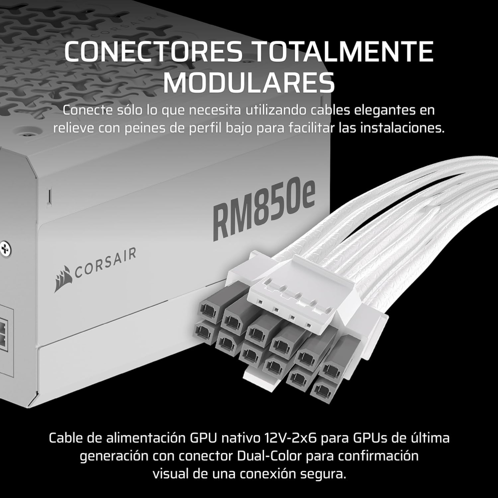 Fuente de Poder 850W 80+ Gold Corsair RM850e, 1x 24pin, 2x 8pin CPU, 3x 8pin PCIE, 1x 12VHPWR, Color Blanco