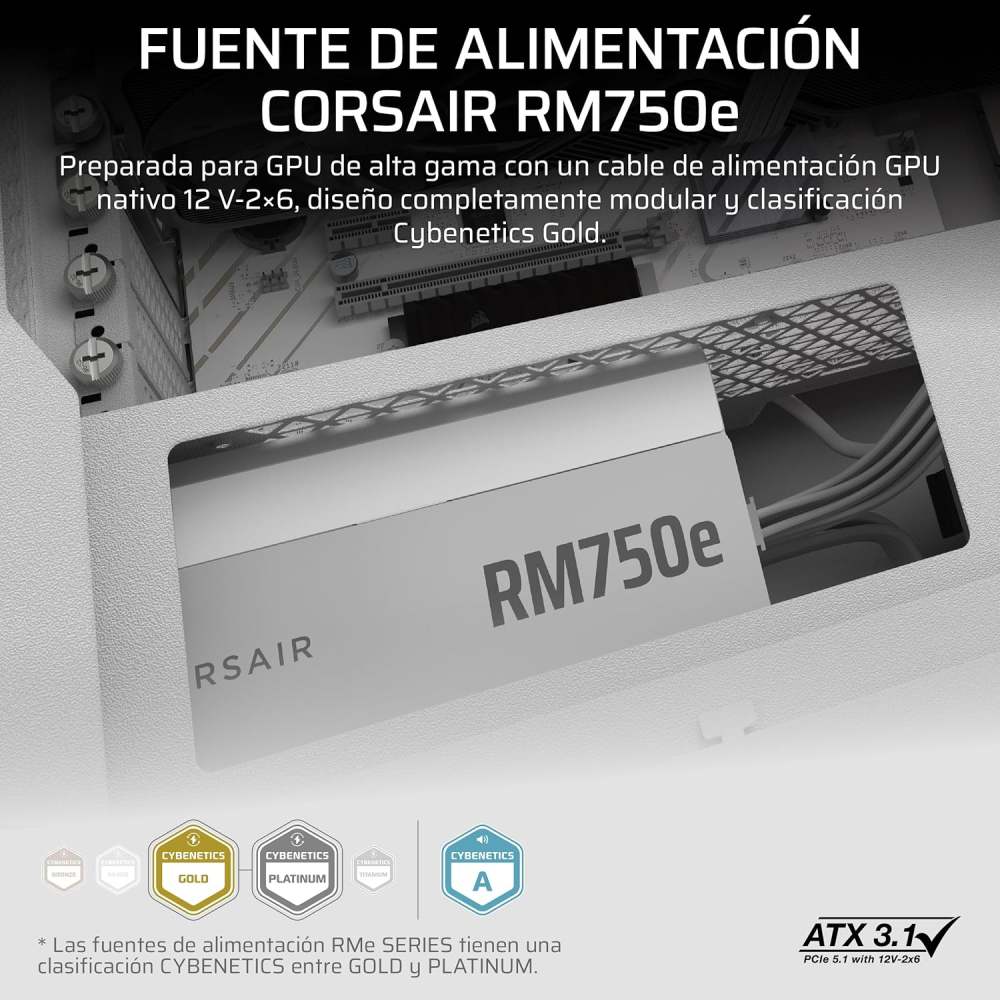 Fuente de Poder 750W 80+ Gold Corsair RM750e, 1x 24pin, 2x 8pin CPU, 3x 8pin PCIE, 1x 12VHPWR, Color Blanco