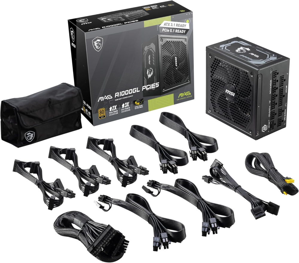 Fuente de Poder 1000W 80+Gold MSI MAG A1000GL PCIE5. 1x 24pin, 2x 8pin CPU, 4x 8pin PCIE, 1x 12VHPWR, Color Negro