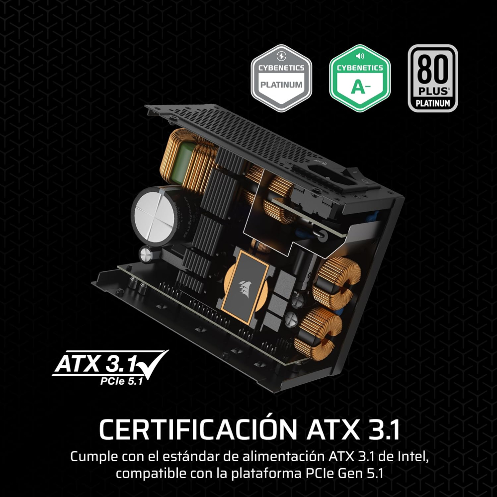 Fuente de Poder SFX 850W 80+ Platinum Corsair SF850. 1x 24pin, 2x 8pin CPU, 3x 8pin PCIE, 1x 12VHPWR, Color Negro