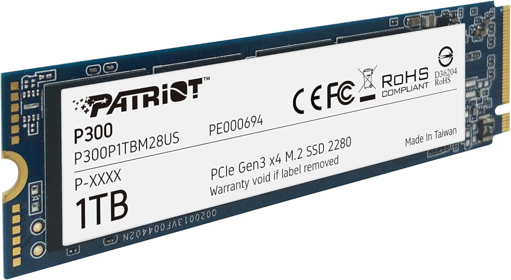 SSD M.2 NVMe PCIe 3 1TB Patriot P300, Lectura 2100MB/s Escritura 1650MB/s. P300P1TBM28