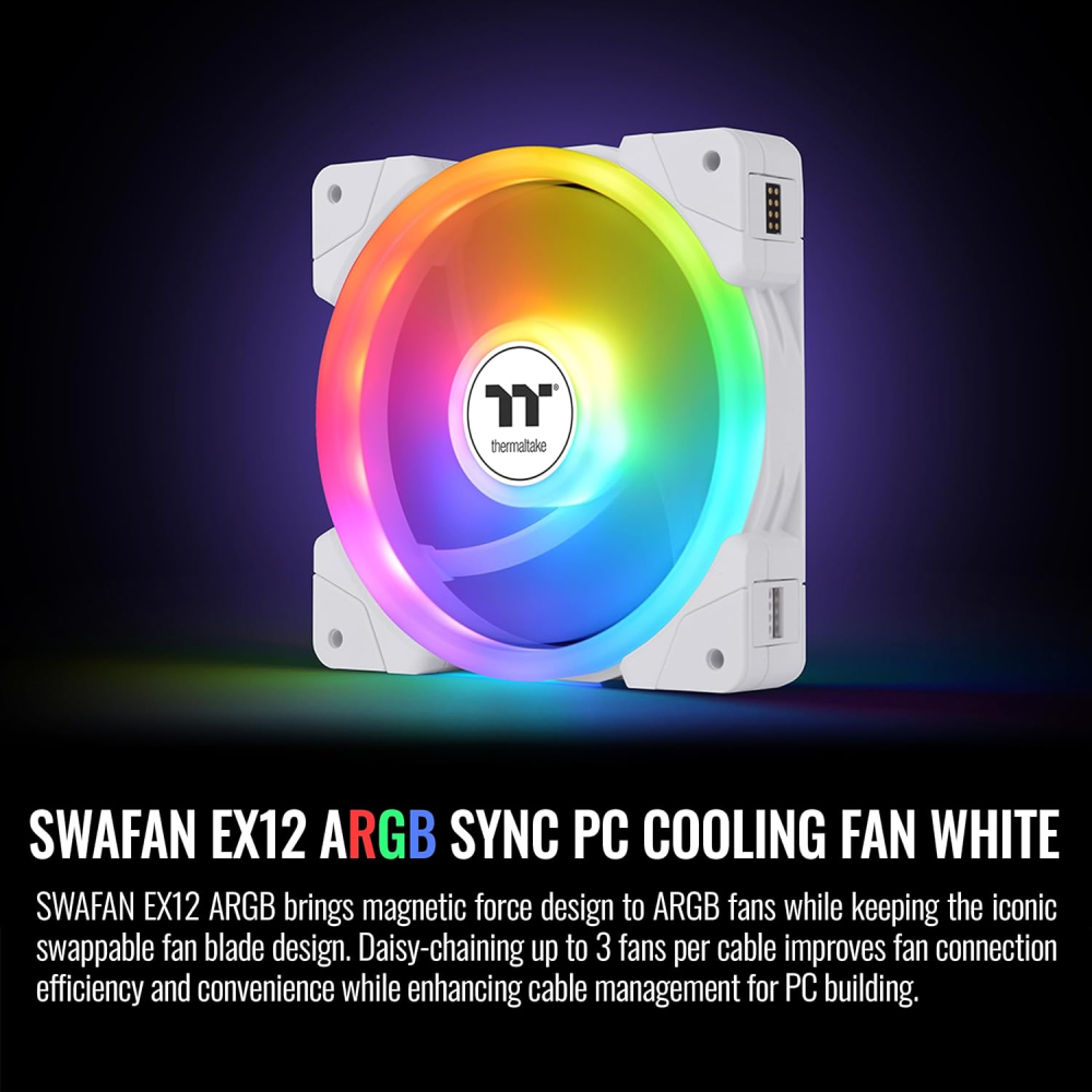 Kit de 3 Ventiladores 120mm ThermalTake Swafan EX120 RGB, Magneticos, Aspas intercambiables, Color Blanco