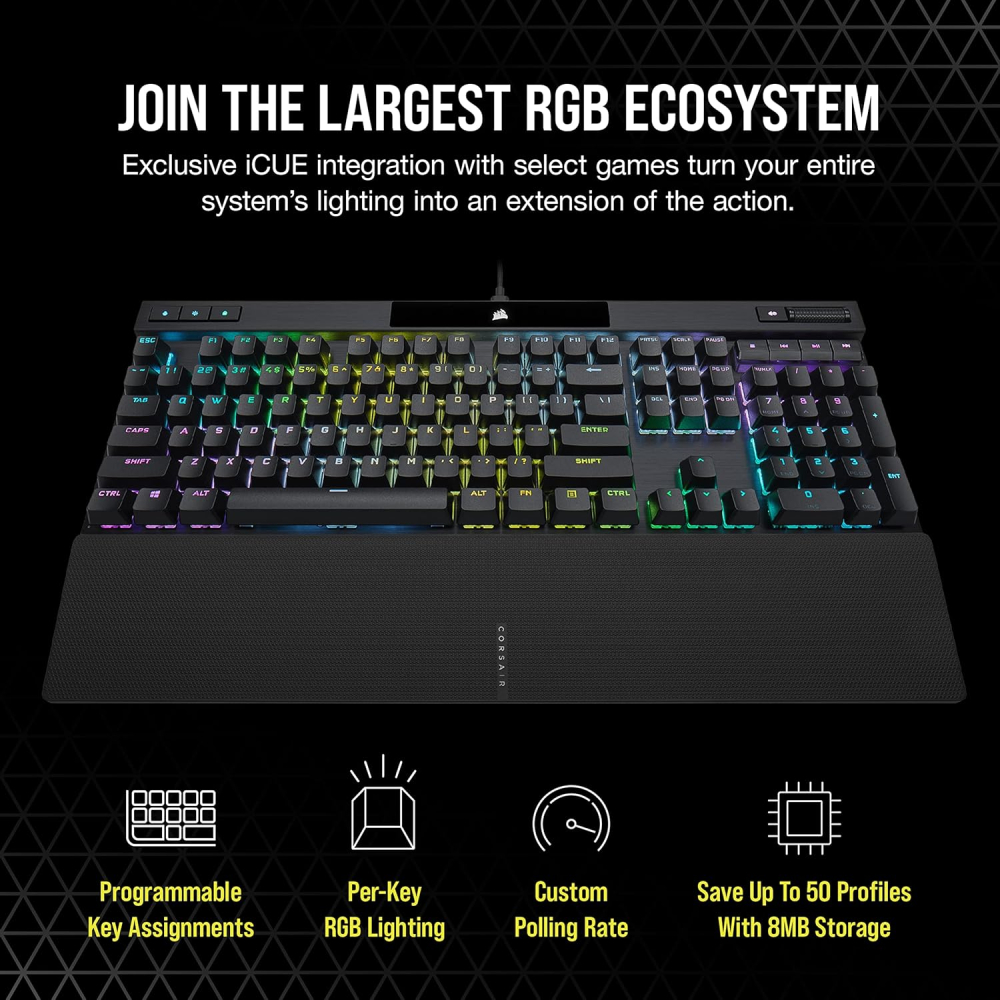 Teclado Alámbrico Mecanico Corsair K70 RGB PRO, Switches Cherry MX Red, Ingles, Color Negro