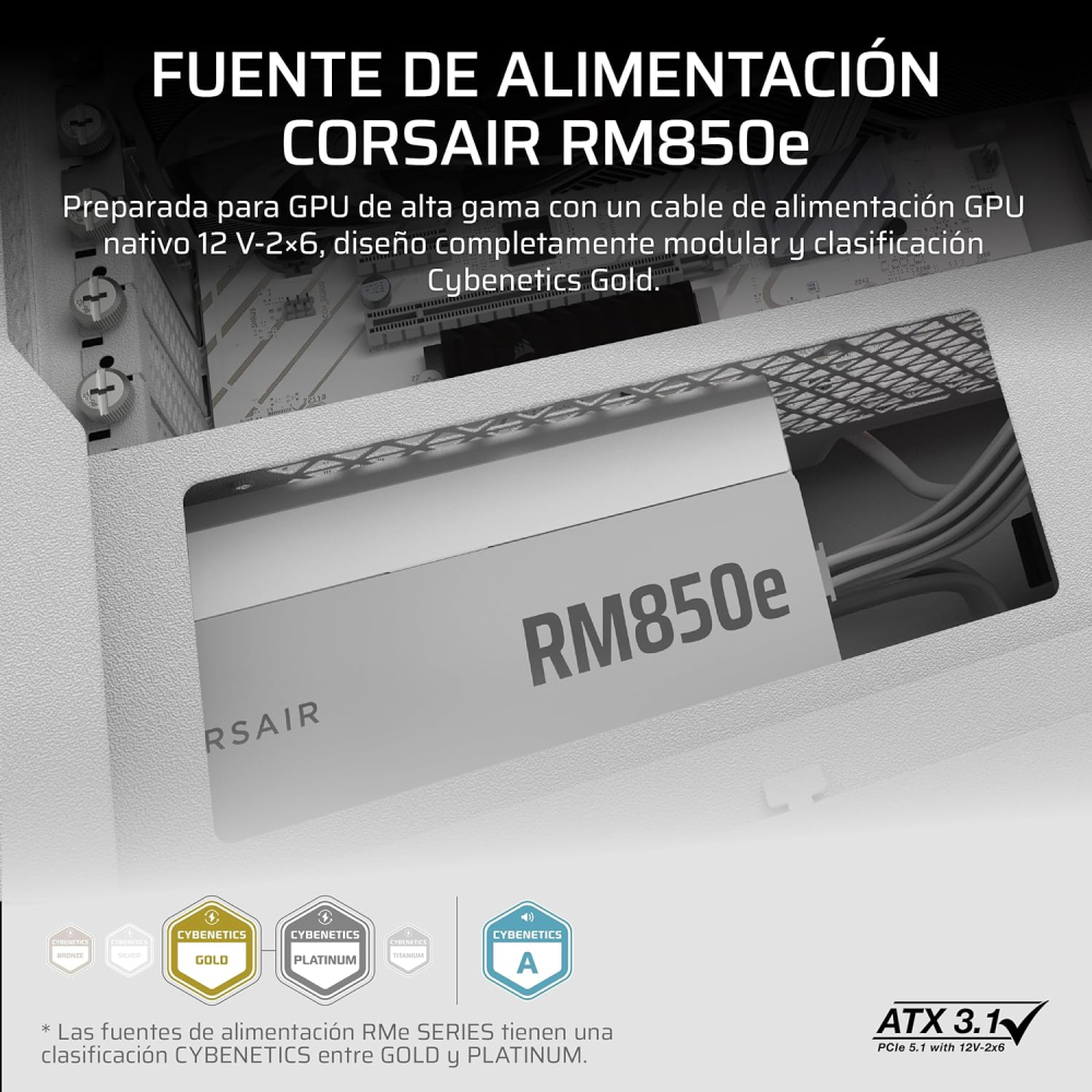 Fuente de Poder 850W 80+ Gold Corsair RM850e, 1x 24pin, 2x 8pin CPU, 3x 8pin PCIE, 1x 12VHPWR, Color Blanco