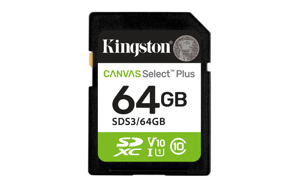 Memoria SDXC 64GB Kingston Canvas Select Plus, Clase 10, U1, V10, 100MB/s