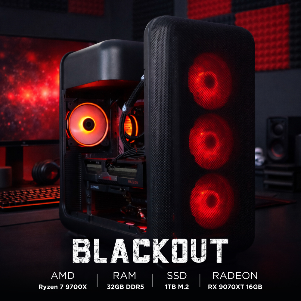 Ensamble BLACKOUT | RX 9070 XT | Ryzen 7 9700X | 32GB DDR5 | 1TB SSD | Windows 11 Pro