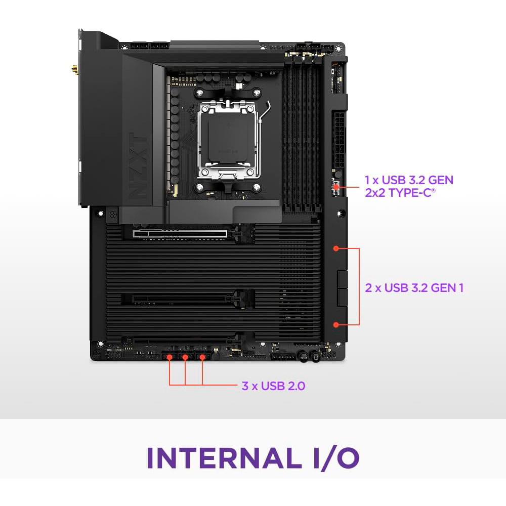 MotherBoard AM5 ATX NZXT B850 N7, 192GB RAM DDR5 Max, 1 M.2 PCIE 5 + 2 M.2 PCIE 4, Wi-Fi 6E + BT 5.2, Color Negro