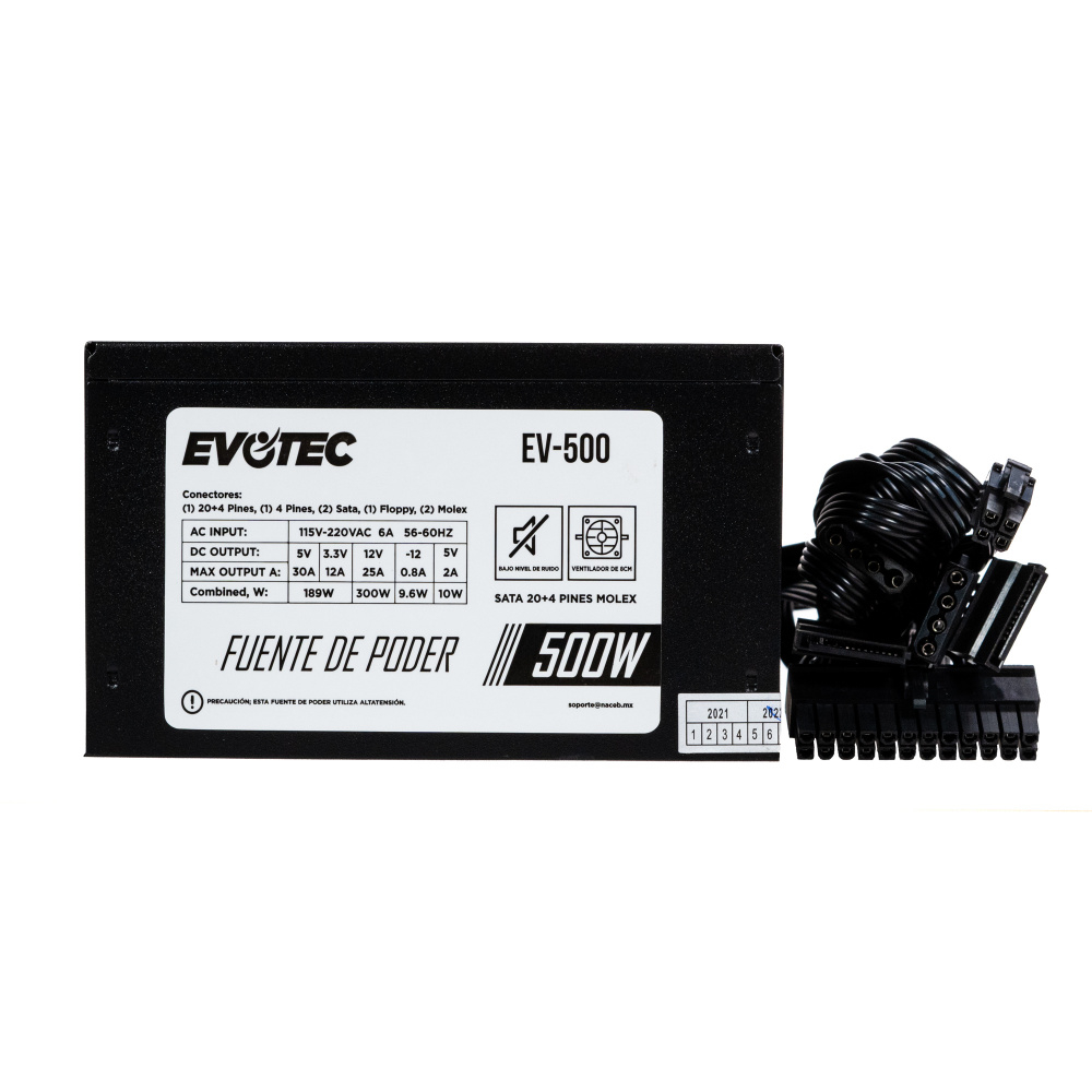 Fuente de Poder 500W Evotec EV-500. 1x 24pin, 1x 4pin CPU, 2x SATA, 2x LP4