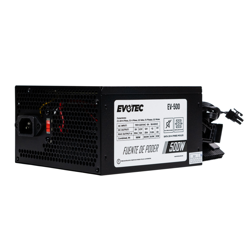 Fuente de Poder 500W Evotec EV-500. 1x 24pin, 1x 4pin CPU, 2x SATA, 2x LP4