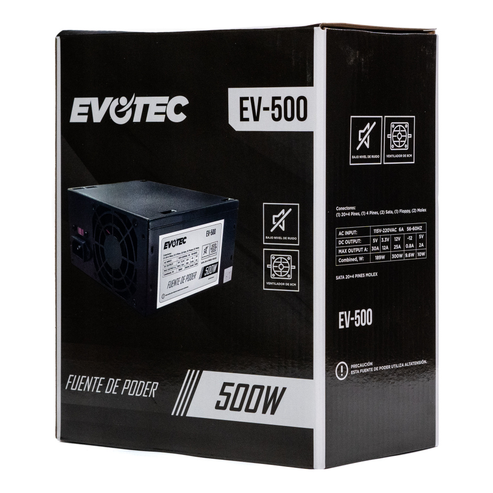 Fuente de Poder 500W Evotec EV-500. 1x 24pin, 1x 4pin CPU, 2x SATA, 2x LP4