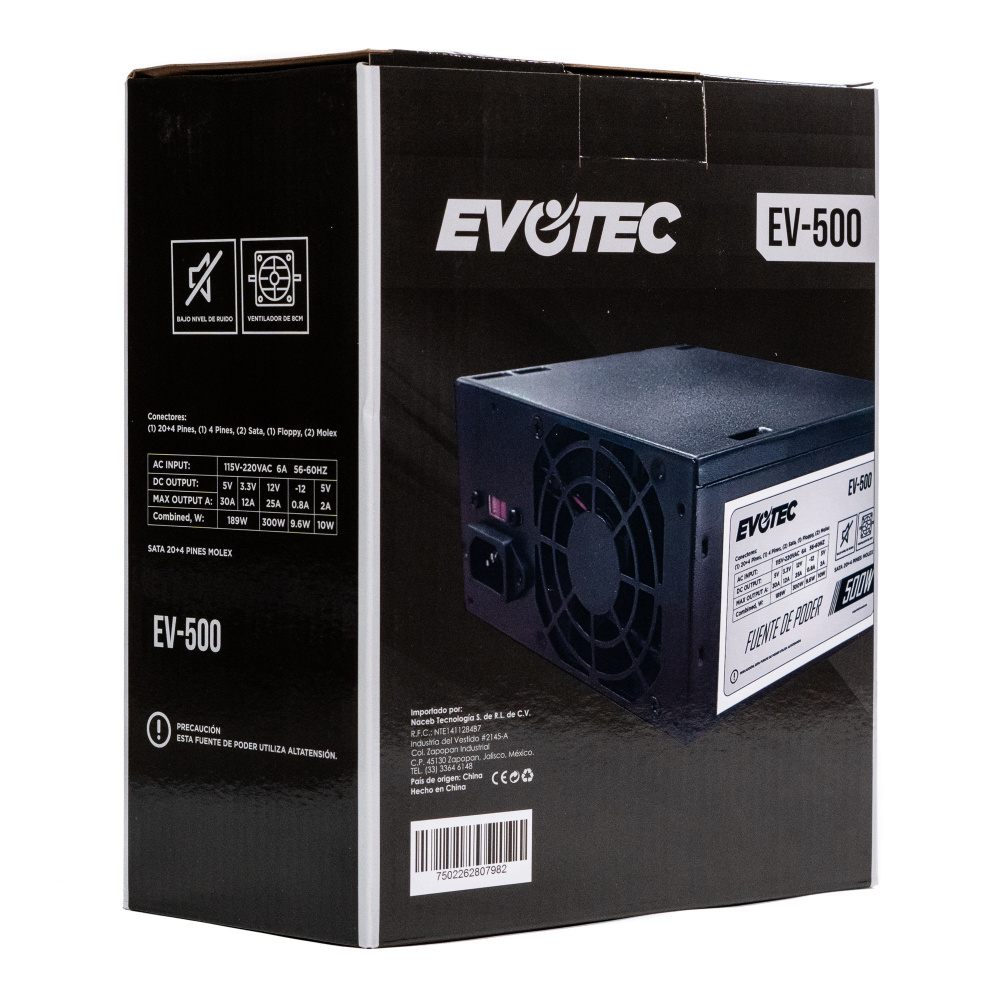Fuente de Poder 500W Evotec EV-500. 1x 24pin, 1x 4pin CPU, 2x SATA, 2x LP4