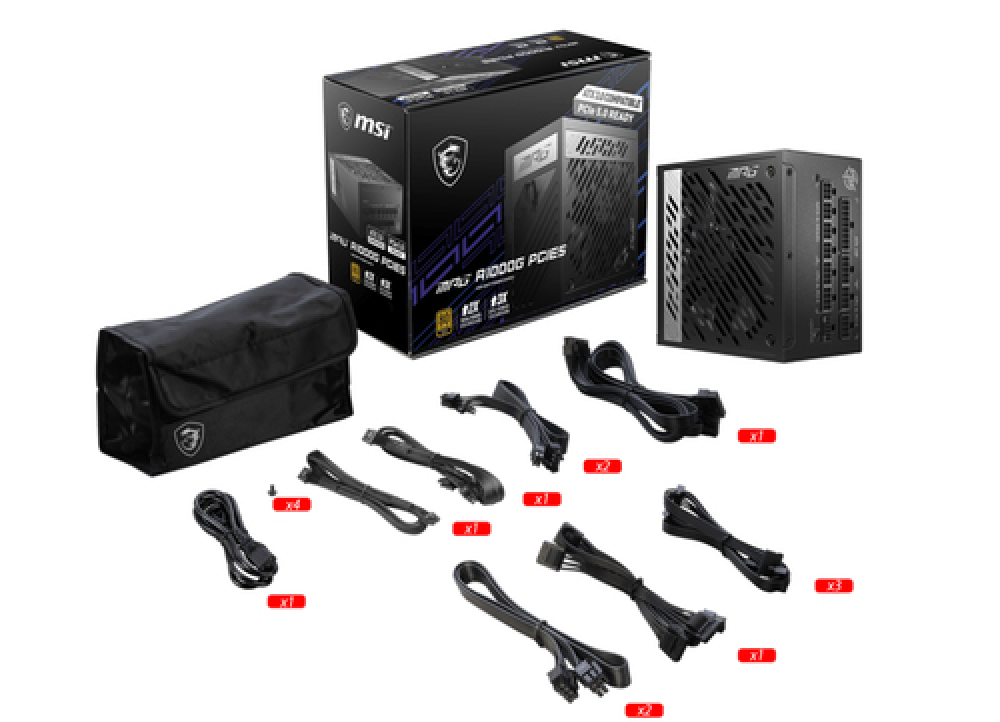 Fuente de Poder 1000W 80+Gold MSI MPG A1000G PCIE5. 1x 24pin, 2x 8pin CPU, 4x 8pin PCIE, 1x 12VHPWR, Color Negro