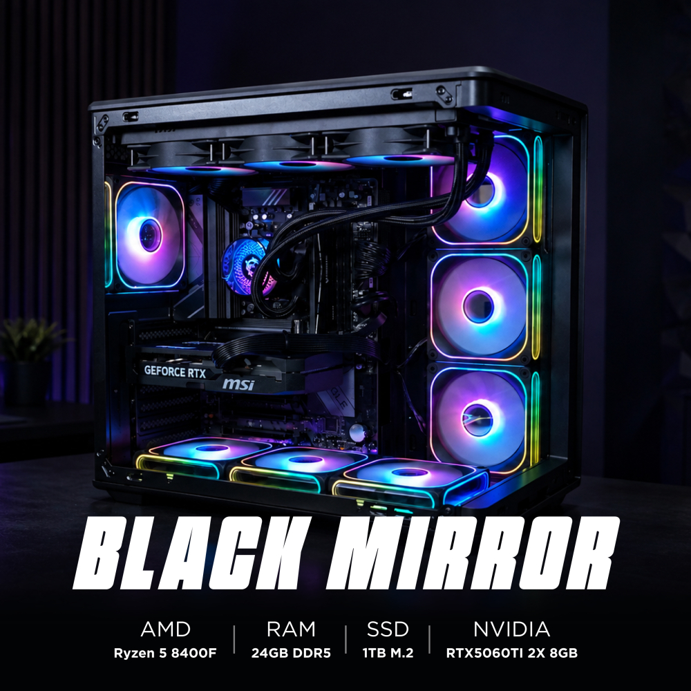 Ensamble BLACK MIRROR | RTX 5060 Ti | Ryzen 5 8400F | 24GB DDR5 | 1TB SSD | Windows 11 Pro
