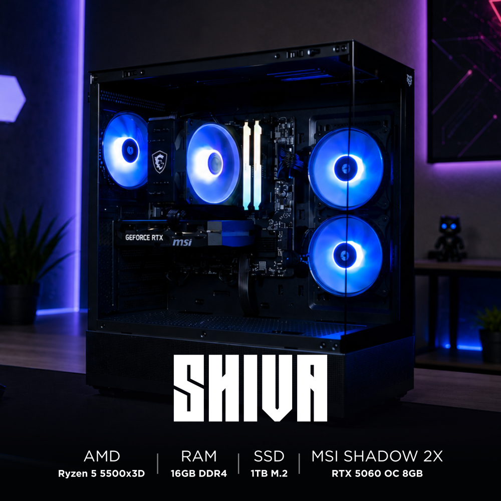 Ensamble SHIVA | RTX 5060 | Ryzen 5 5500X3D | 16GB DDR4 | 1TB SSD | Windows 11 Pro