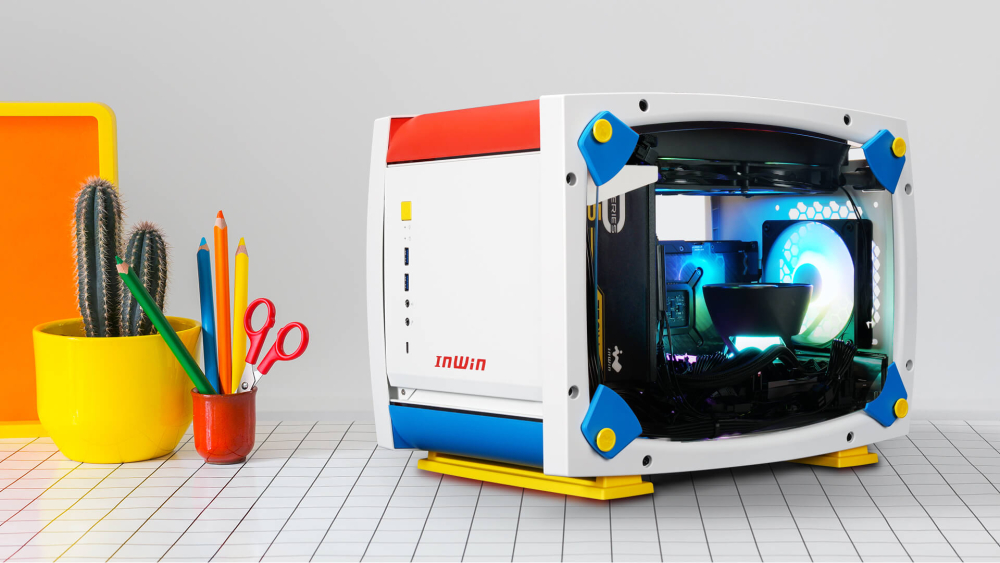 Gabinete Mini-ITX In Win Explorer Justice, Incluye 3 Fans 120mm ARGB, Radiador 240mm Max, Color Blanco/Azul/Rojo