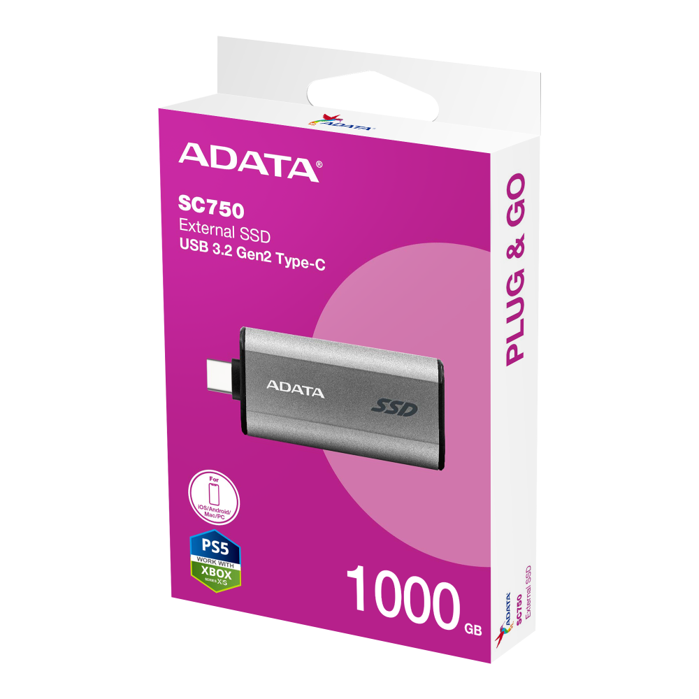 SSD Externo 1000GB Adata SC750, Lectura 1050MB/s Escritura 1000MB/s, USB-C 3.2 Gen 2, Color Plata