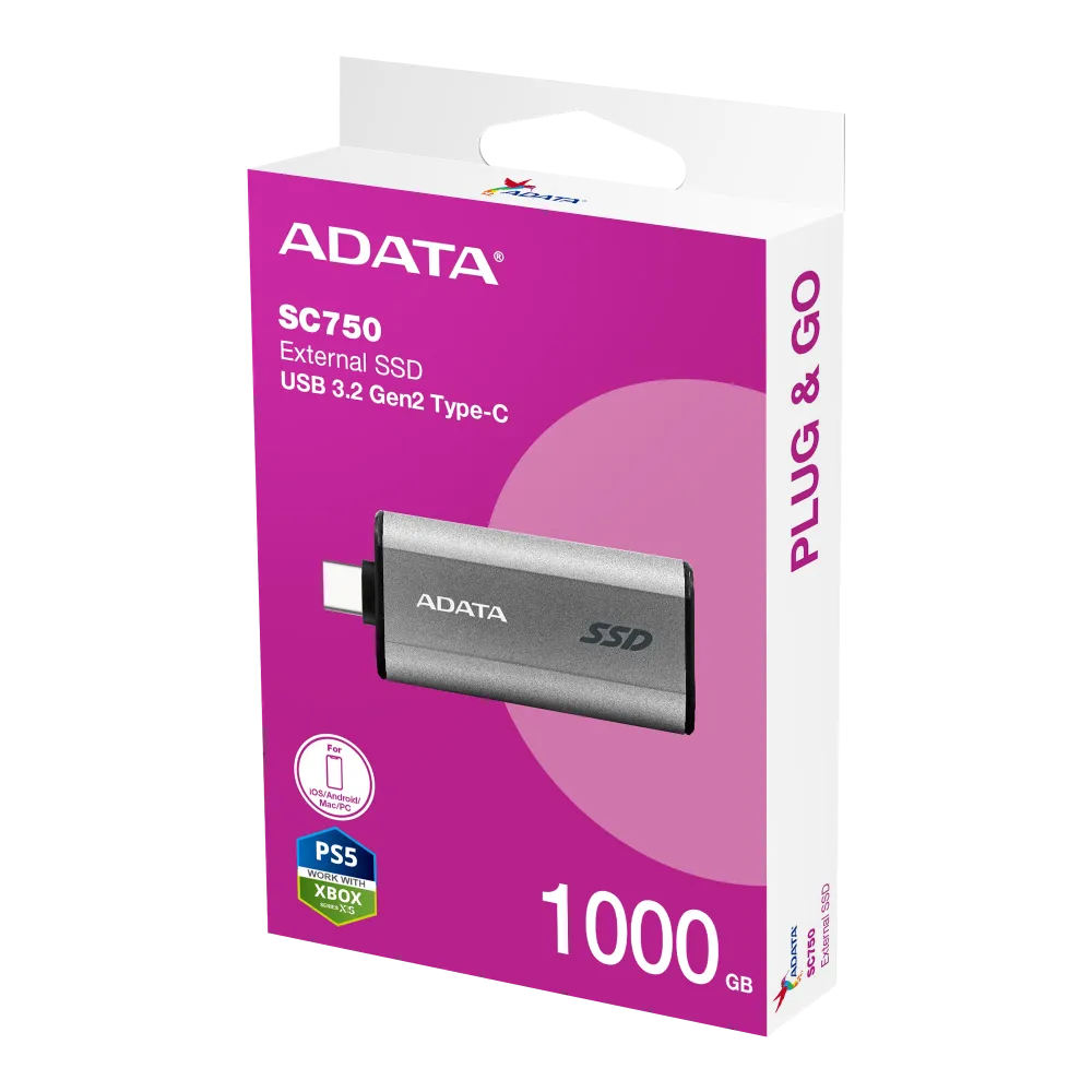 SSD Externo 1000GB Adata SC750, Lectura 1050MB/s Escritura 1000MB/s, USB-C 3.2 Gen 2, Color Plata - imagen 1