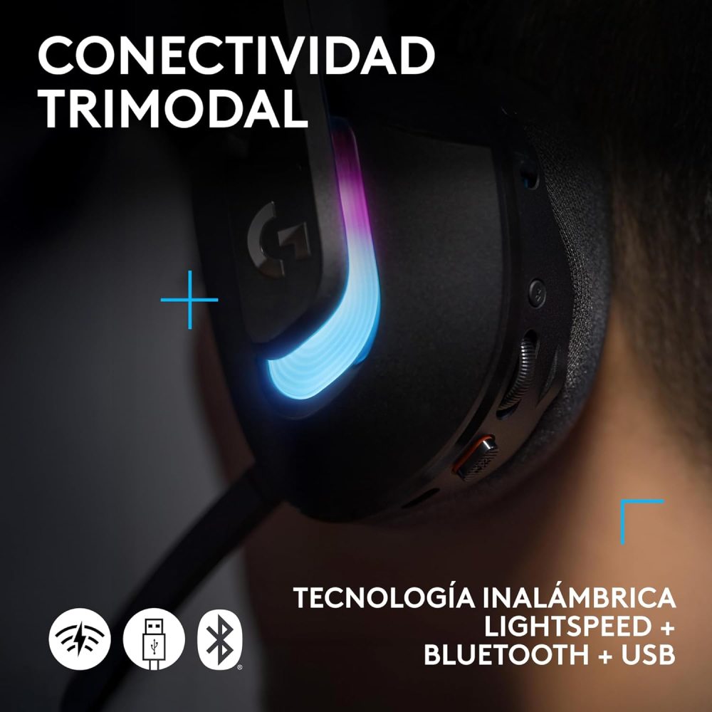 Diadema Inalámbrica Logitech G522 LIGHTSPEED, RGB, RF 2.4GHz y Bluethoot 5.3, Hasta 90Hrs de Batería, Color Negro