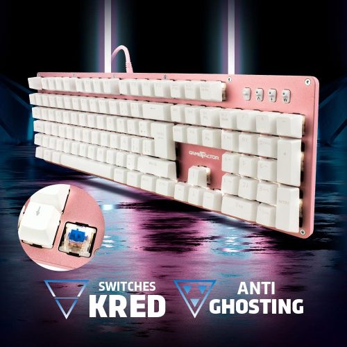 Teclado Alámbrico Mecánico Game Factor KBG400, Switch Red, 100%, Iluminación Blanca, Color Rosa/Blanco, Español