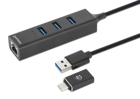 Adaptador de red Manhattan USB-A/C con hub USB 3.0 de 3 puertos + Gigabit Ethernet, modelo 180894.