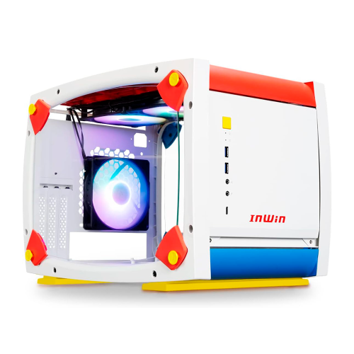 Gabinete Mini-ITX In Win Explorer Justice, Incluye 3 Fans 120mm ARGB, Radiador 240mm Max, Color Blanco/Azul/Rojo