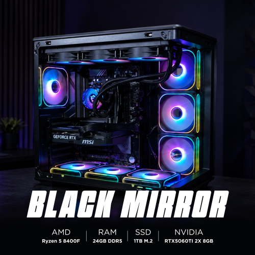 Ensamble BLACK MIRROR | RTX 5060 Ti | Ryzen 5 8400F | 24GB DDR5 | 1TB SSD | Windows 11 Pro